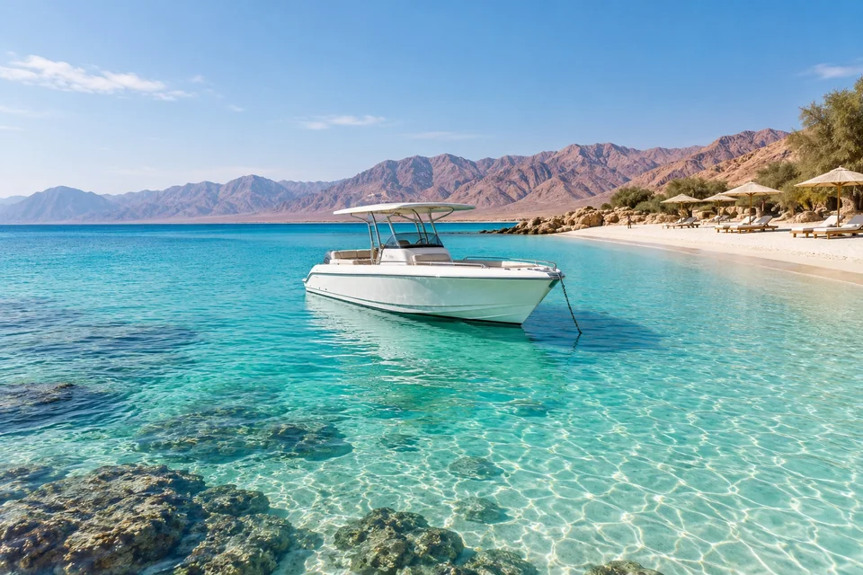White boat anchored off a white-sand island; visualisation