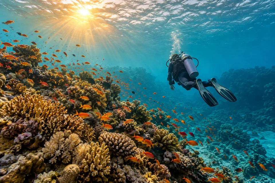 Scuba diver above a Red Sea coral reef off Giftun Island