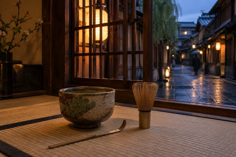 Tea ceremony set on tatami in a Gion teahouse, a paper lantern glowing outside