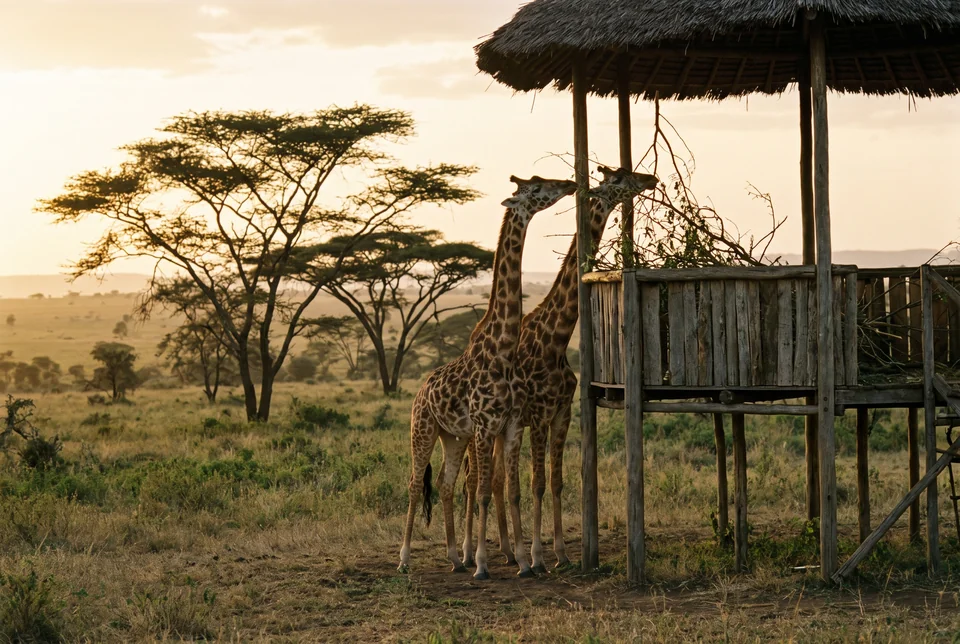 Rothschild giraffes at a feeding platform among acacia trees near Nairobi, visualization