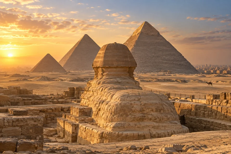 Great Sphinx and three pyramids at golden hour; visualisation