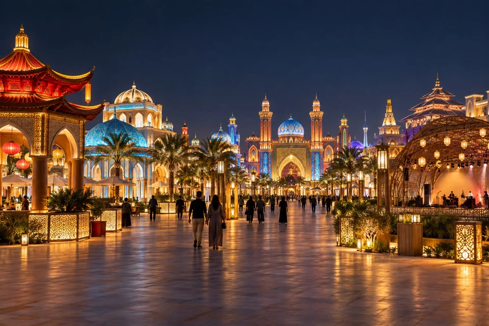 Illuminated world-style festival pavilions on flat ground at night; visualisation