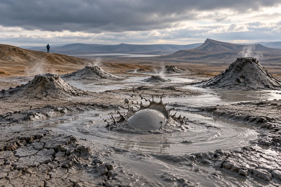 Bubbling grey mud volcano cones on a barren plateau; visualisation