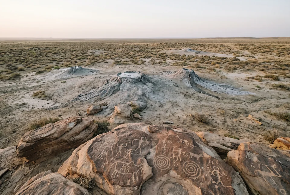 Mud volcanoes and prehistoric rock carvings at Gobustan, visualization