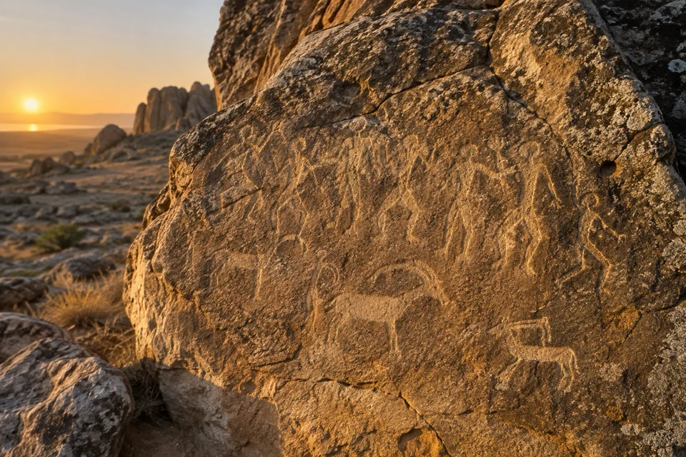 Prehistoric human and animal petroglyphs on sandstone in Gobustan National Park