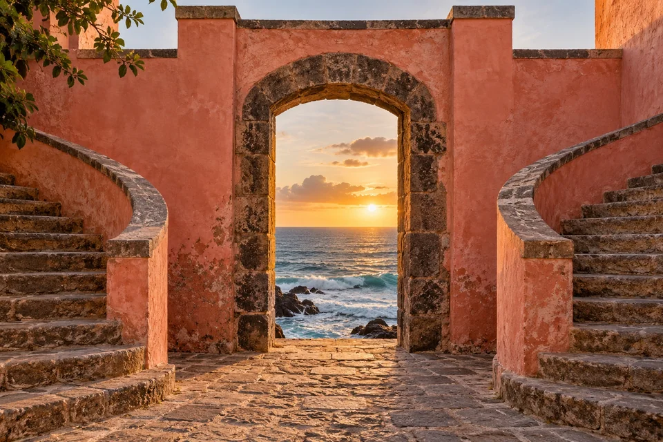 Narrow stone doorway opening onto the ocean; visualisation