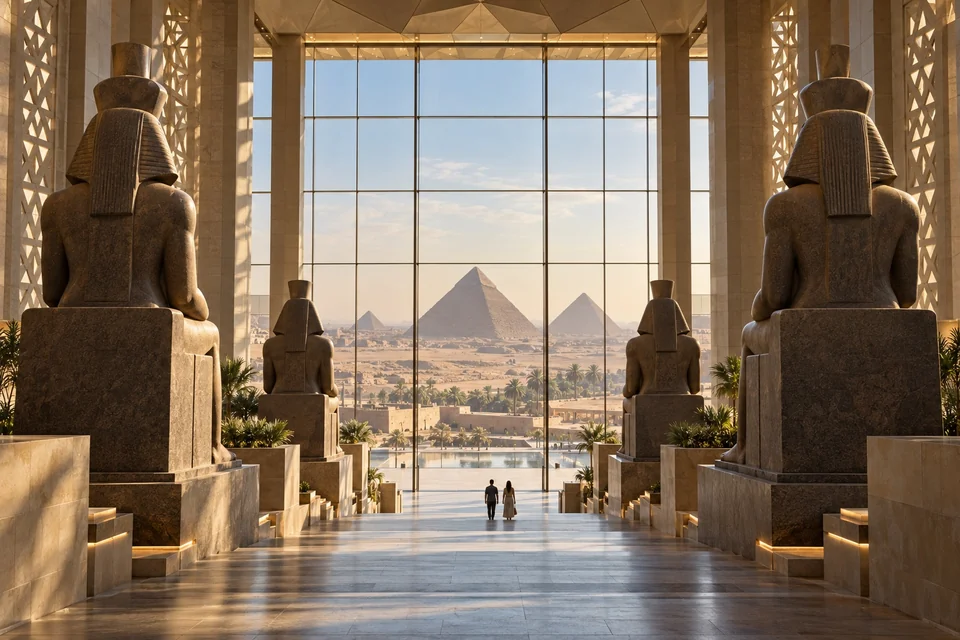 Grand museum staircase lined with colossal statues and pyramids beyond; visualisation