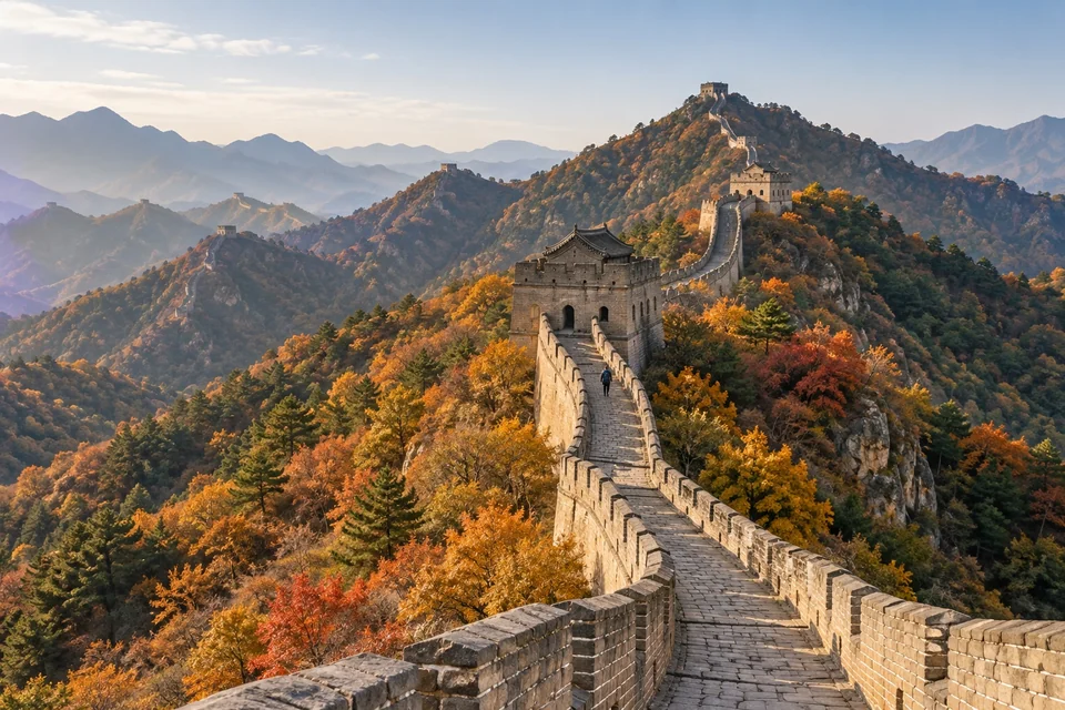 Ancient wall with watchtowers along autumn mountain ridges; visualisation