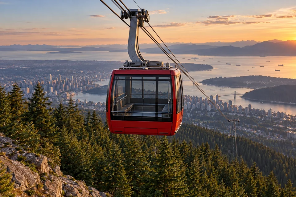 Red aerial tram rising above a forest with a city and harbour below; visualisation