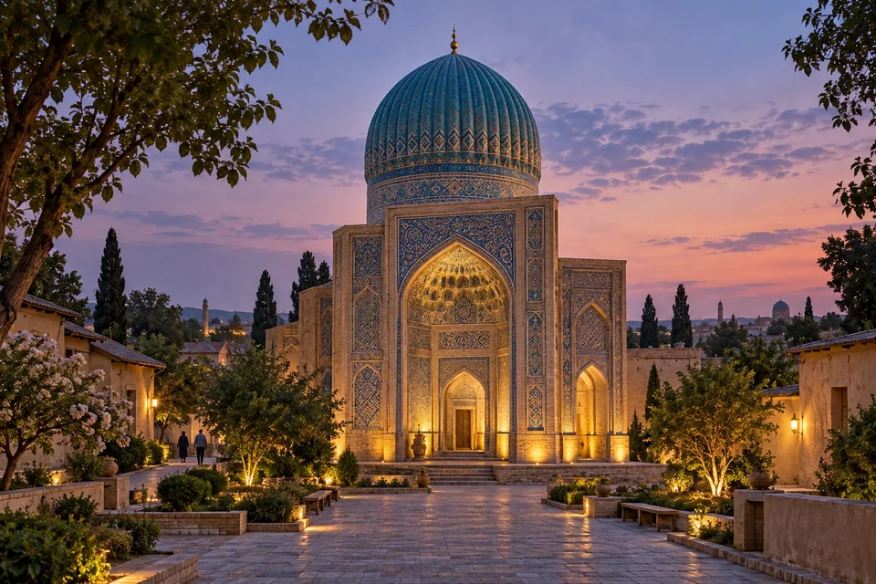 Fluted azure dome of a medieval mausoleum at twilight; visualisation