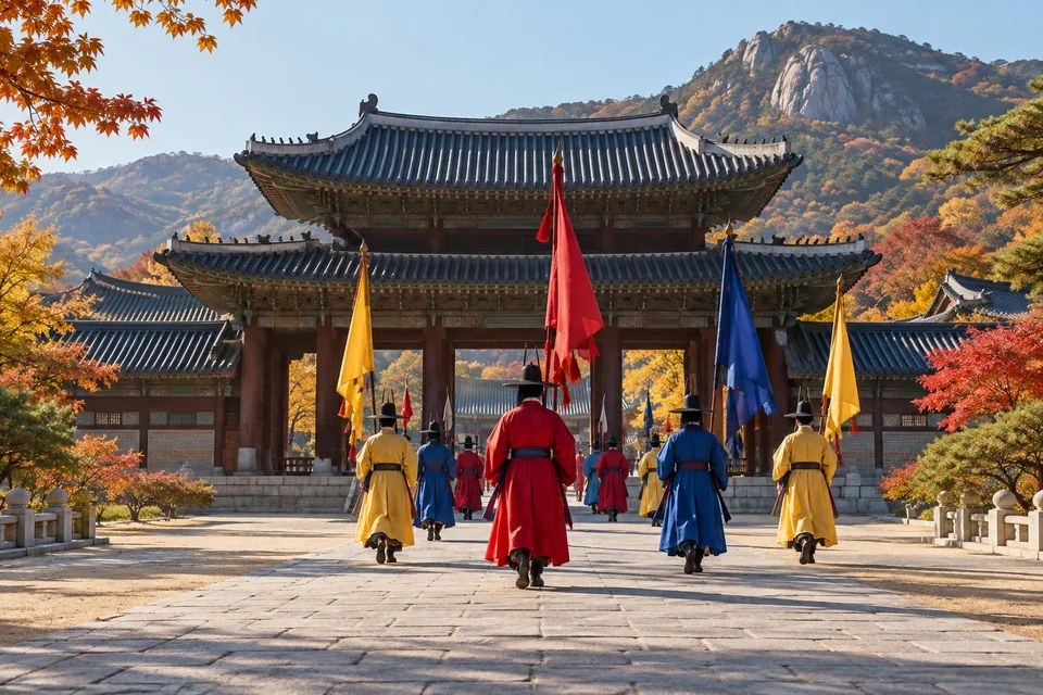 Royal guards in colourful uniforms before a palace gate; visualisation