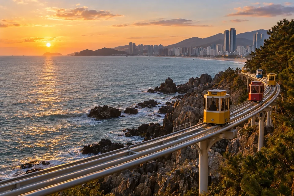 Colourful Sky Capsule cabins on the coastal line of Haeundae Blue Line Park in Busan