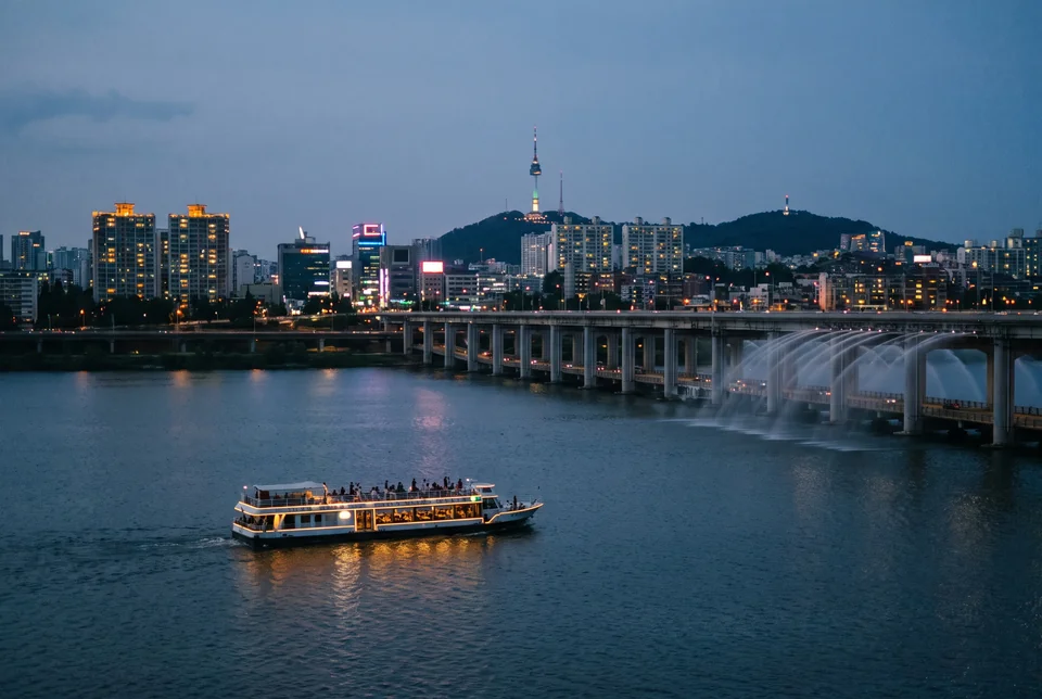 Sightseeing boat on the Han River at dusk with a bridge, the Seoul skyline and N Seoul Tower, visualization