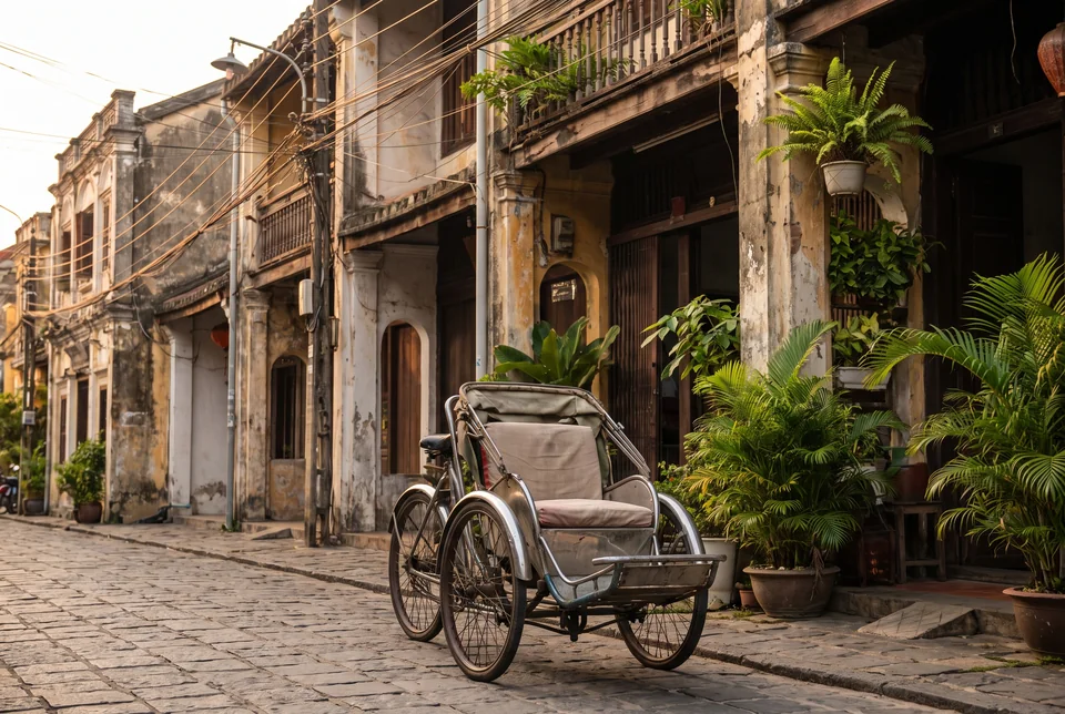 A cyclo rickshaw parked on a street of old houses in the Hanoi Old Quarter, visualization