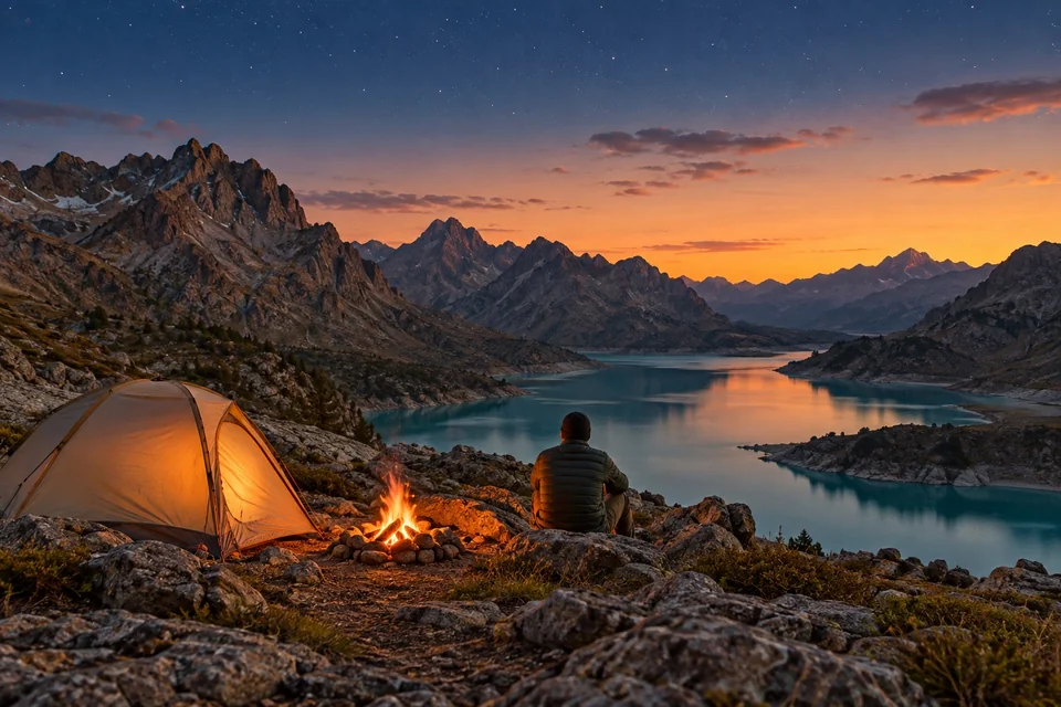 Tent camp with a campfire in rugged mountains at dusk; visualisation