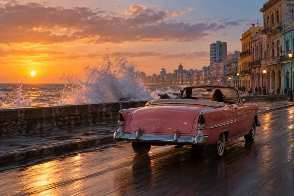 Pink classic American convertible on the Malecon seafront in Havana at sunset