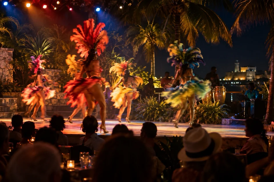 Dancers in feathered headdresses at the open-air Tropicana cabaret show in Havana