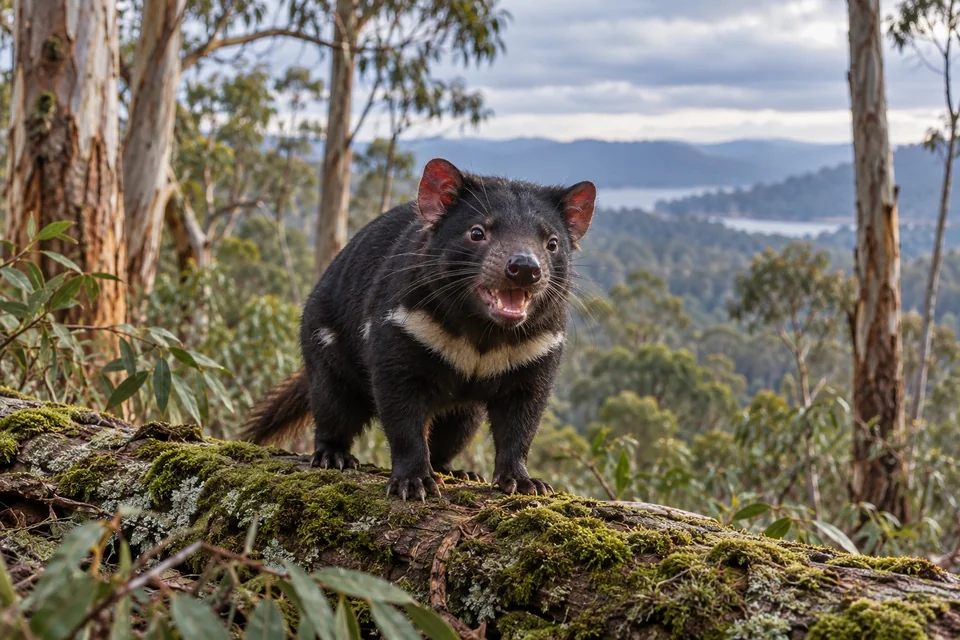Tasmanian devil on a mossy log in a eucalyptus forest; visualisation