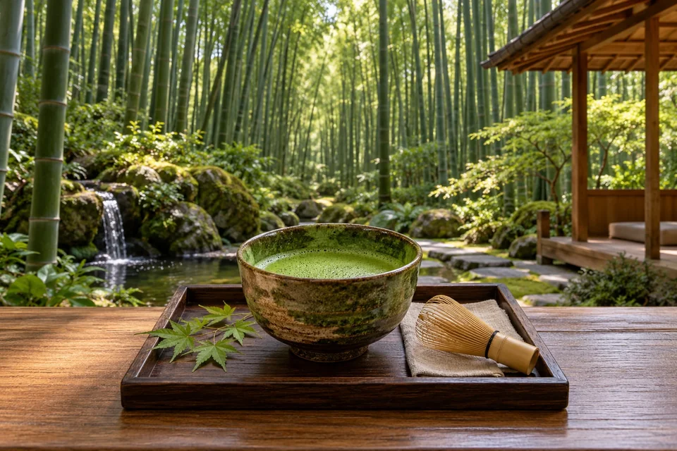 Matcha bowl in front of a tall bamboo grove; visualisation