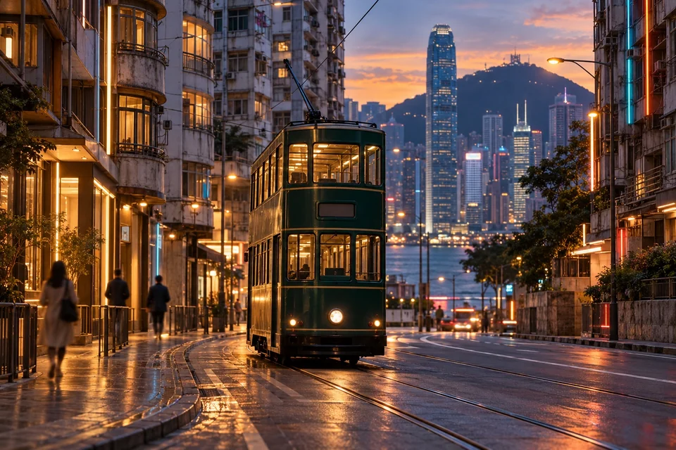 Narrow double-decker tram on a busy evening street; visualisation
