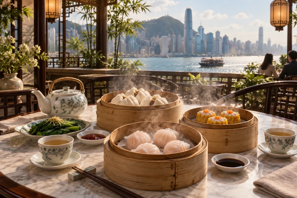 Bamboo steamers of dumplings and buns with tea; visualisation