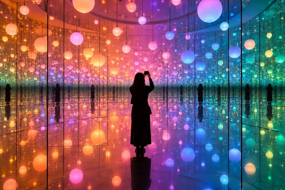 Neon infinity mirror room with a visitor seen from behind; visualisation