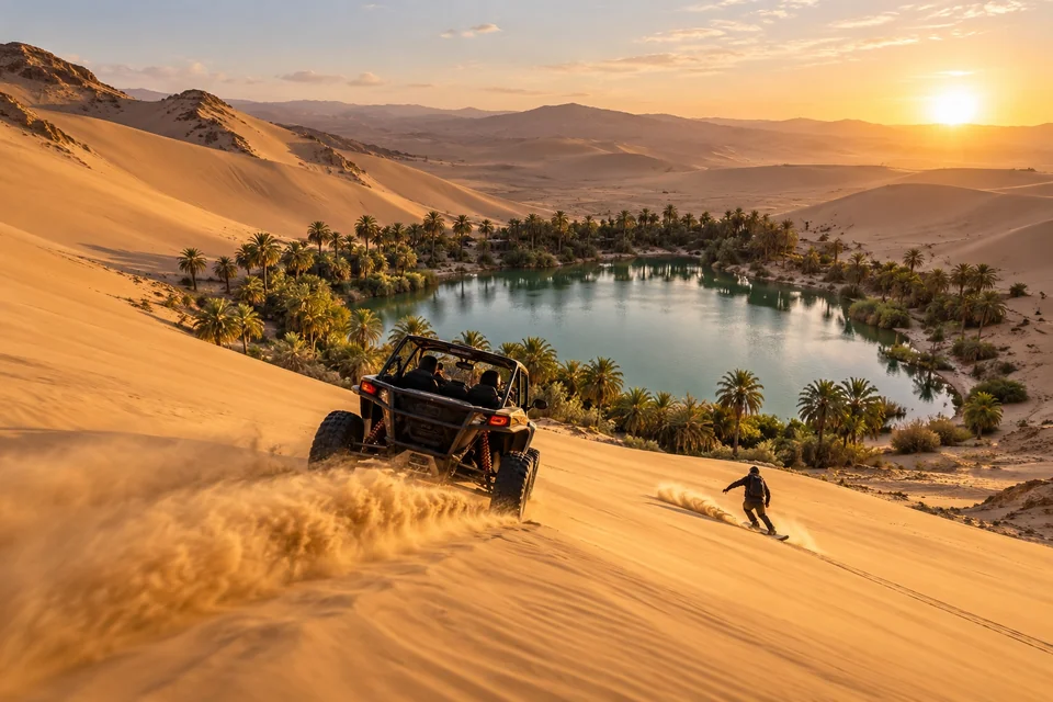 Dune buggy on a huge dune above a palm-fringed oasis; visualisation