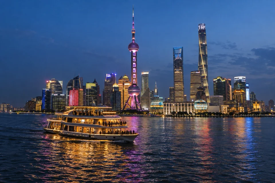 Night boat cruise on the Huangpu River in Shanghai beneath the lit Pudong skyline