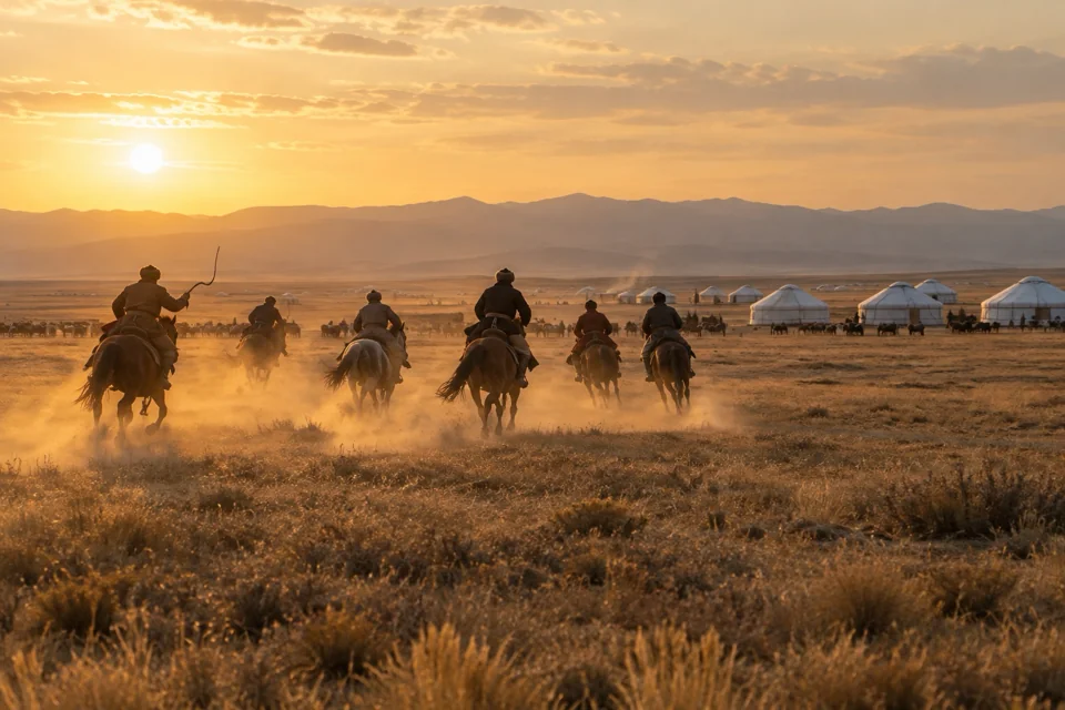 Kazakh riders galloping in horse games on the steppe, white felt yurts behind
