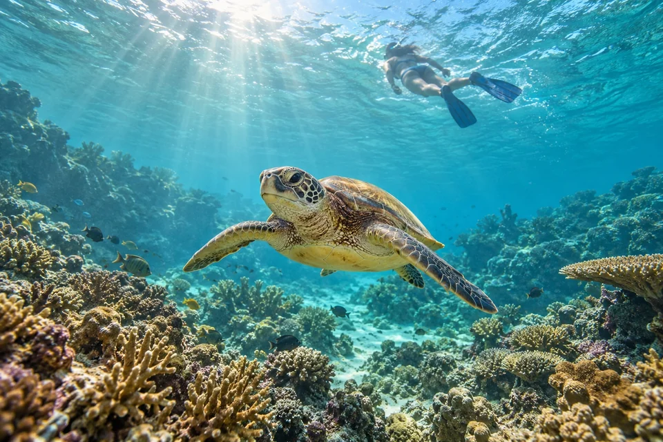 Green sea turtle over a coral reef with a snorkeller above; visualisation