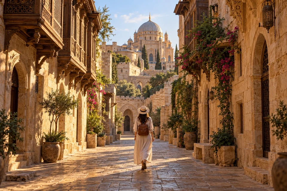 Narrow sandstone lane with wooden balconies and a palace dome; visualisation