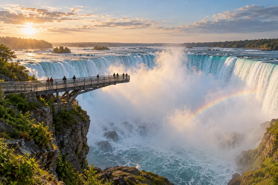 Walkway over the brink of a huge horseshoe waterfall with mist and a rainbow; visualisation