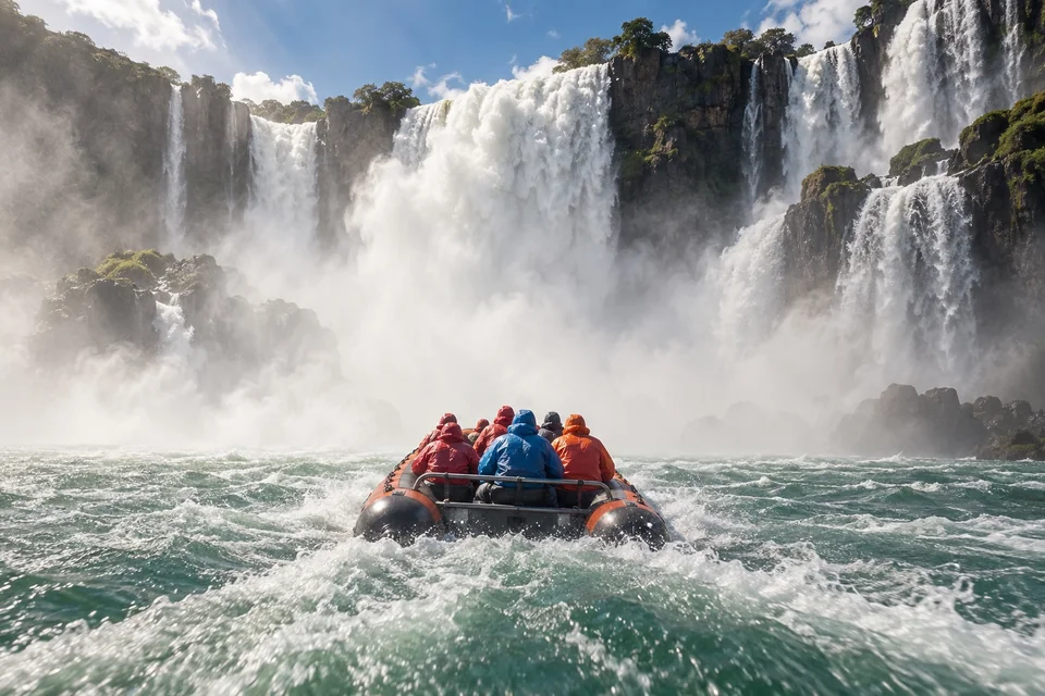 Speedboat heading into the spray at the base of huge waterfalls; visualisation