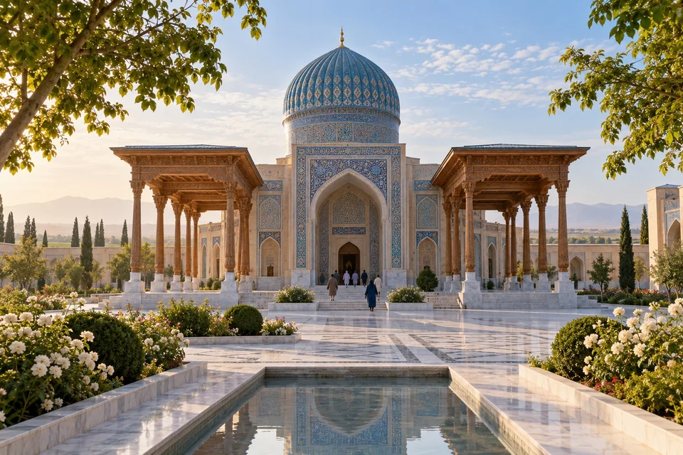 Mausoleum complex with a blue dome and carved wooden columns; visualisation