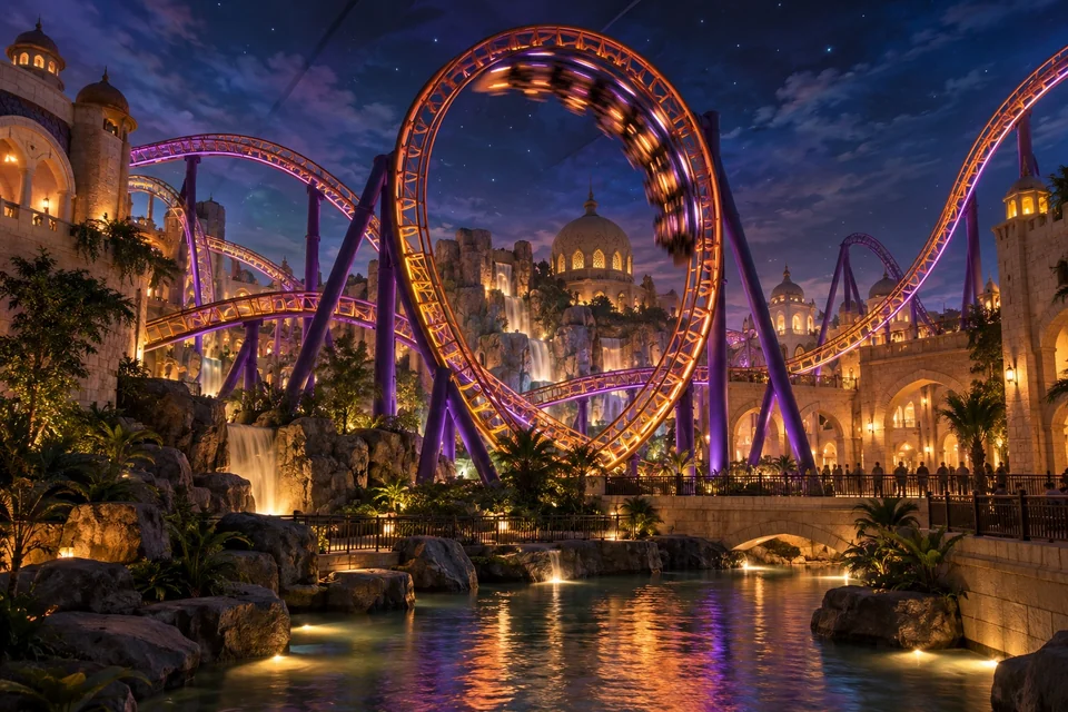Twisting roller coaster inside a vast indoor theme park; visualisation