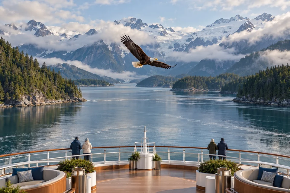 Narrow channel between forested mountains seen from a ship deck; visualisation