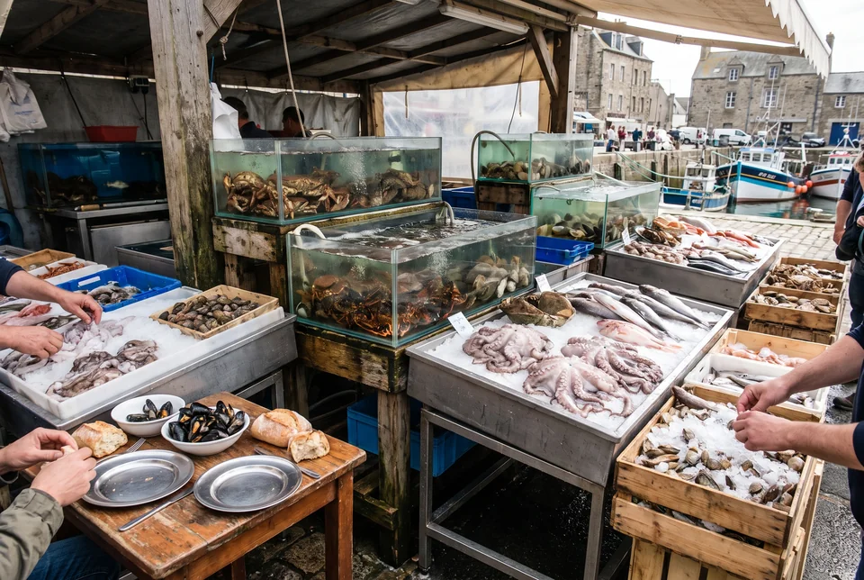 Fresh seafood on ice and tanks at Jagalchi Fish Market, visualization