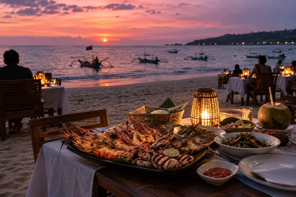 Candlelit tables and seafood platters on the sand at Jimbaran Beach at sunset