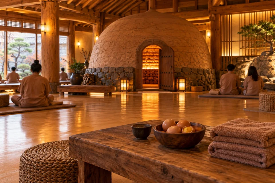 Korean bathhouse lounge with a clay kiln sauna and baked eggs; visualisation