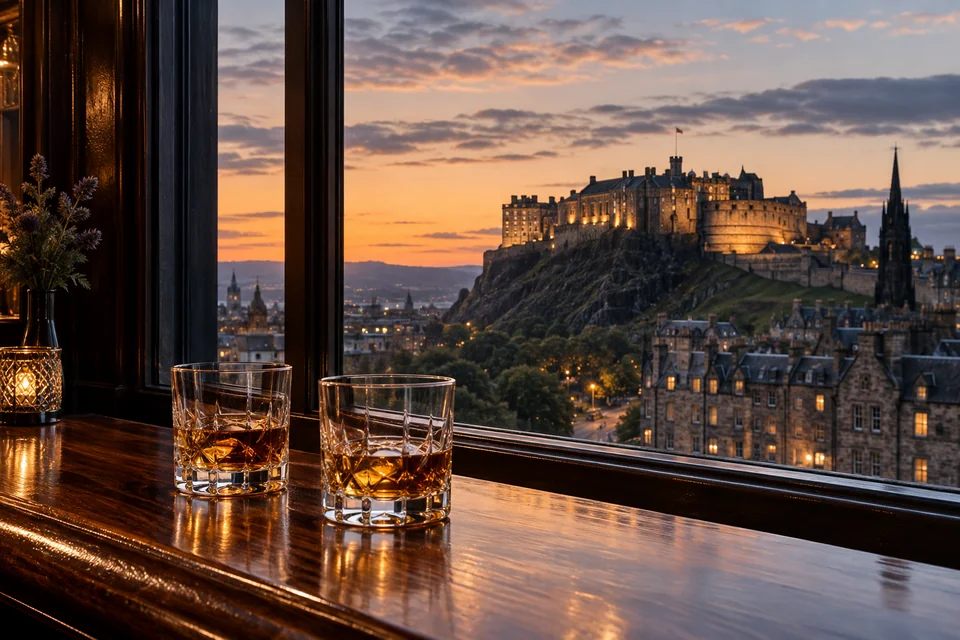Two glasses of whisky on a bar by a window facing Edinburgh Castle at dusk
