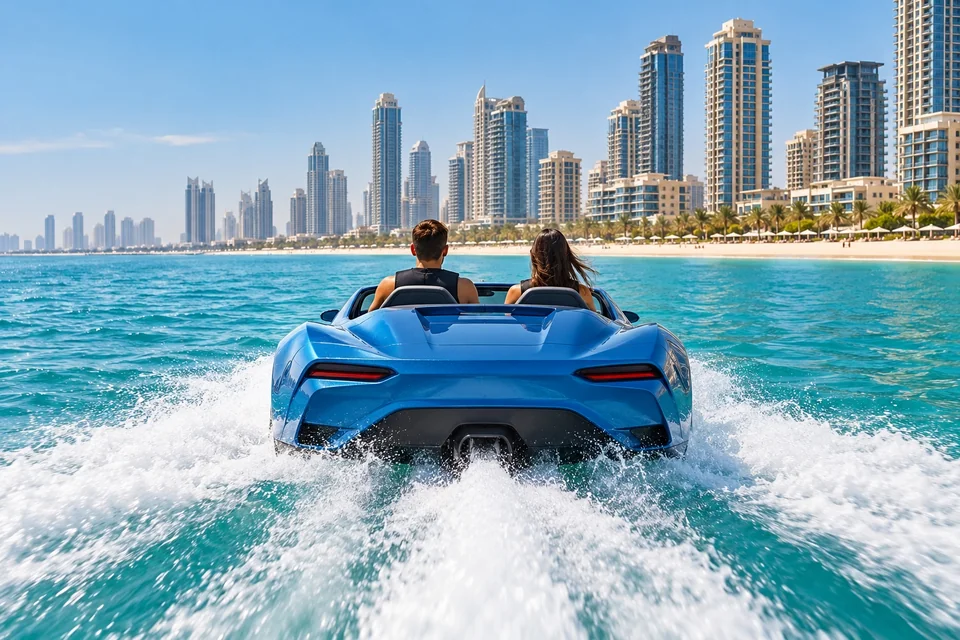 Car-shaped jet watercraft skimming along a tower-lined beach, from behind; visualisation