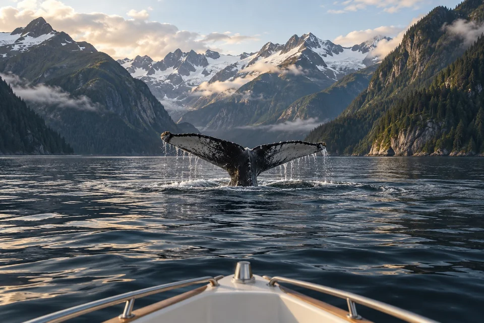 Humpback whale tail rising in a forested fjord; visualisation