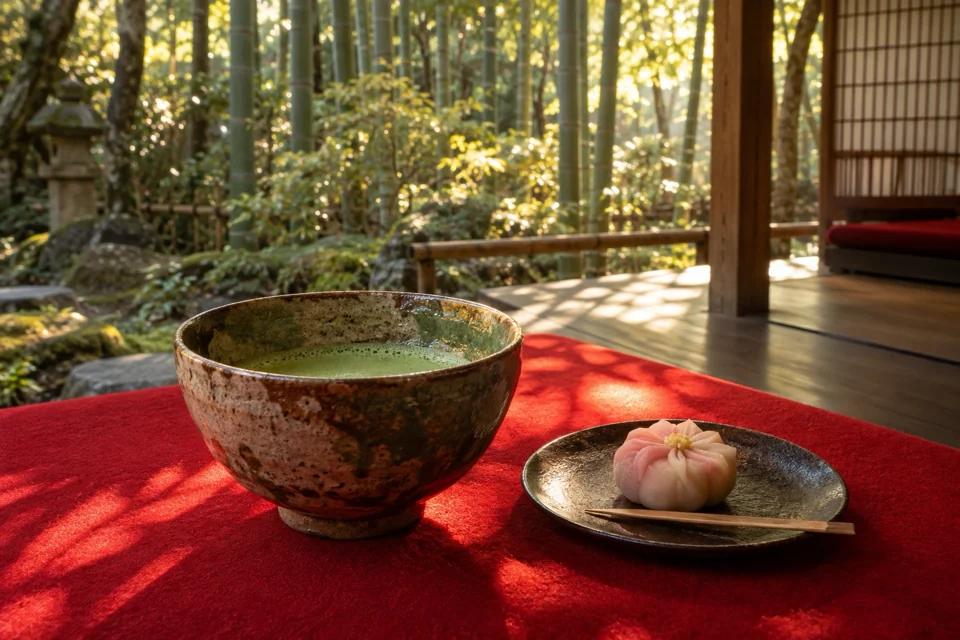 Matcha bowl on red felt in a Kamakura temple garden, bamboo grove behind