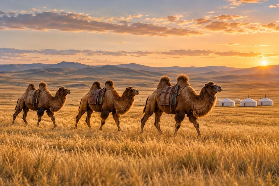 Bactrian camels crossing the golden steppe with yurts behind; visualisation