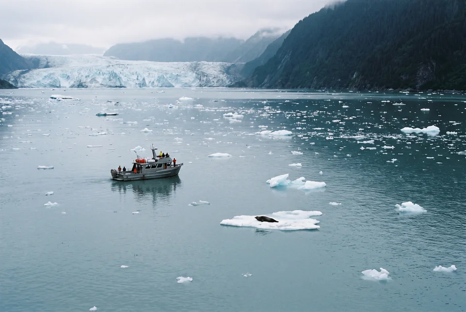 Tour boat among floating ice in front of a glacier in Kenai Fjords, visualization