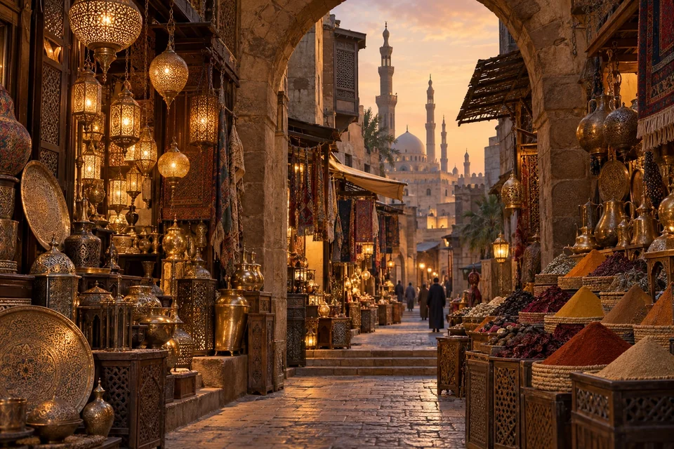 Bazaar alley with brass lanterns and spices; visualisation