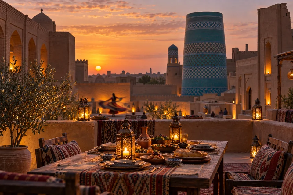 Adobe-walled city with a turquoise minaret and a lantern-lit dinner; visualisation