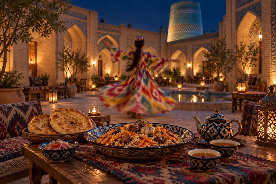Plov dinner in a madrassa courtyard with a spinning dancer behind; visualisation