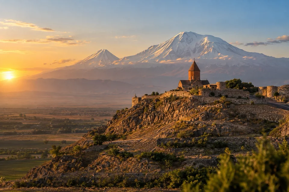 Khor Virap Monastery on its hill with snow-capped Mount Ararat behind at sunrise