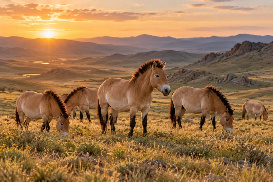 Herd of wild horses grazing on a steppe hill; visualisation